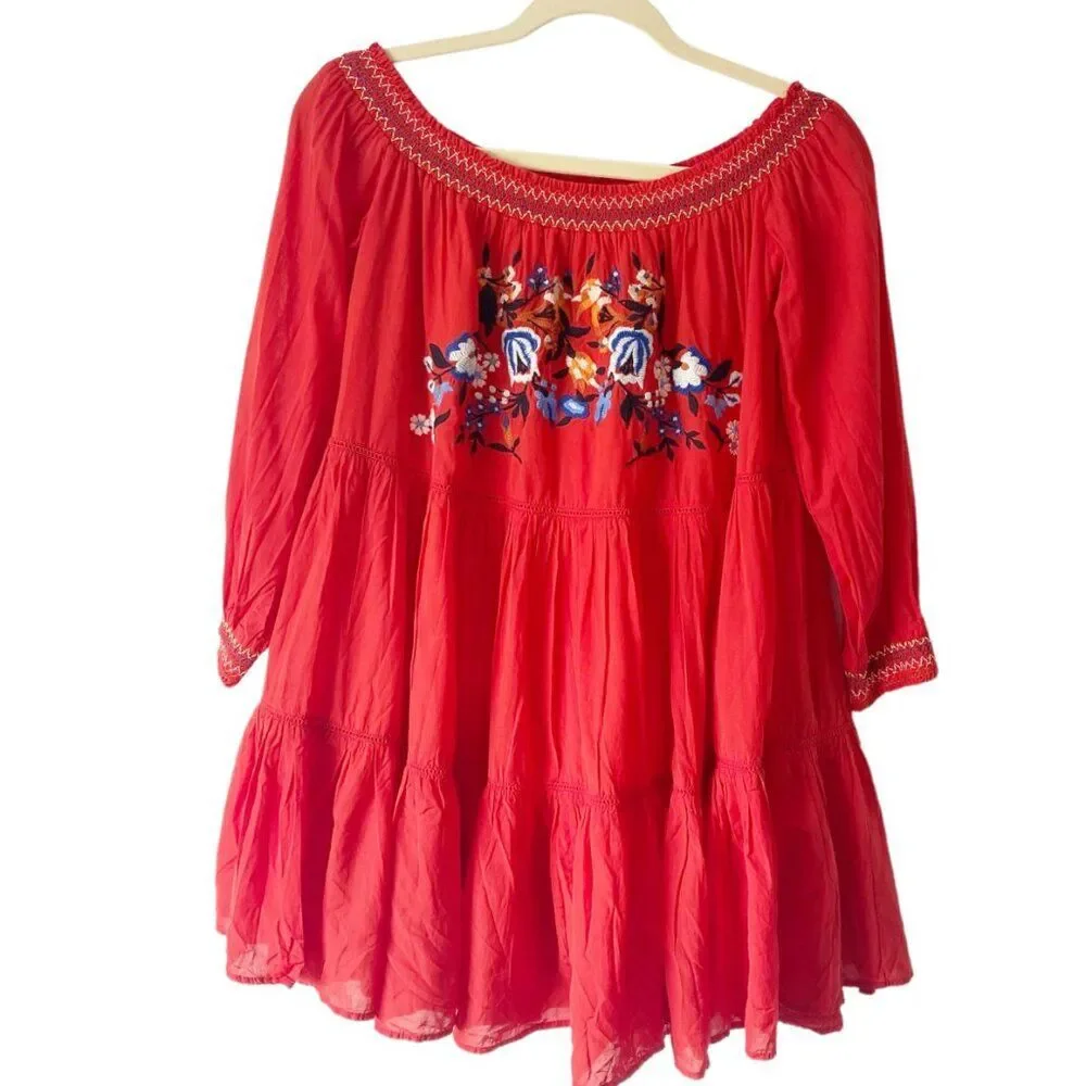 Free People Bright Red Floral Embroidered Off Shoulder Sunbeams Mini Dress S
